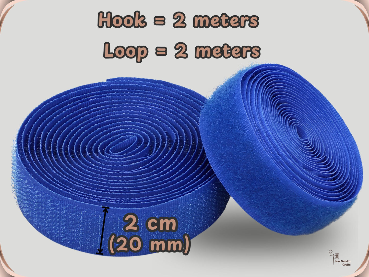 Blue sew-on hook and loop tape showing 2 metres of hook and 2 metres of loop, 2 cm (20 mm) wide