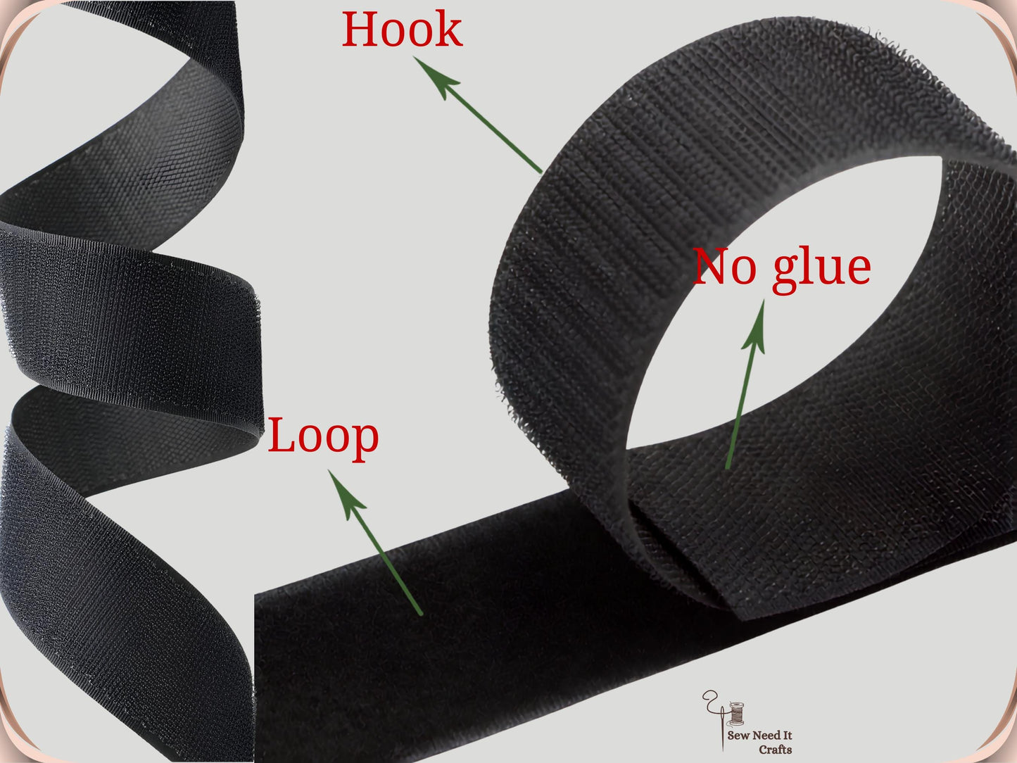 Black sew-on hook and loop tape with the hook side and loop side labelled and a note that there is no glue on the back