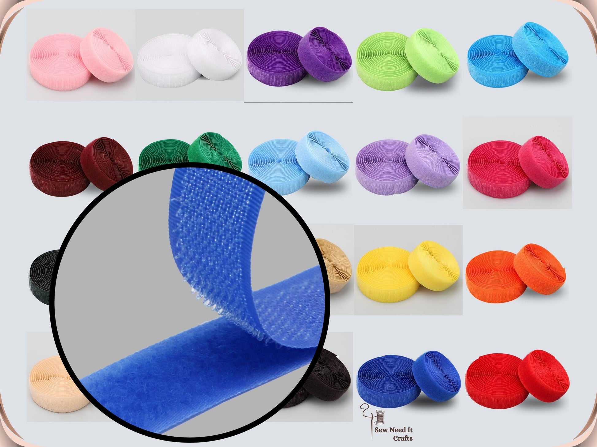 Color range of 20 mm sew-on hook and loop tape with a close-up of the blue hook side lifting off the loop side