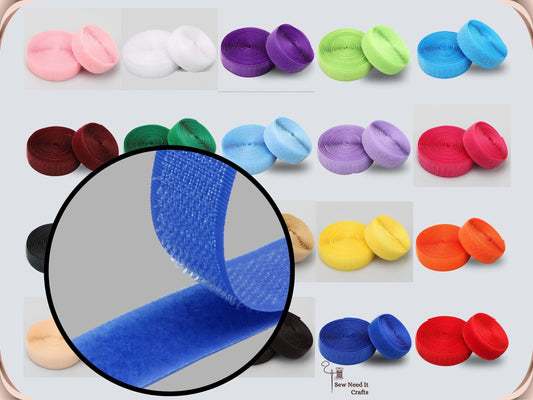 Color range of 20 mm sew-on hook and loop tape with a close-up of the blue hook side lifting off the loop side