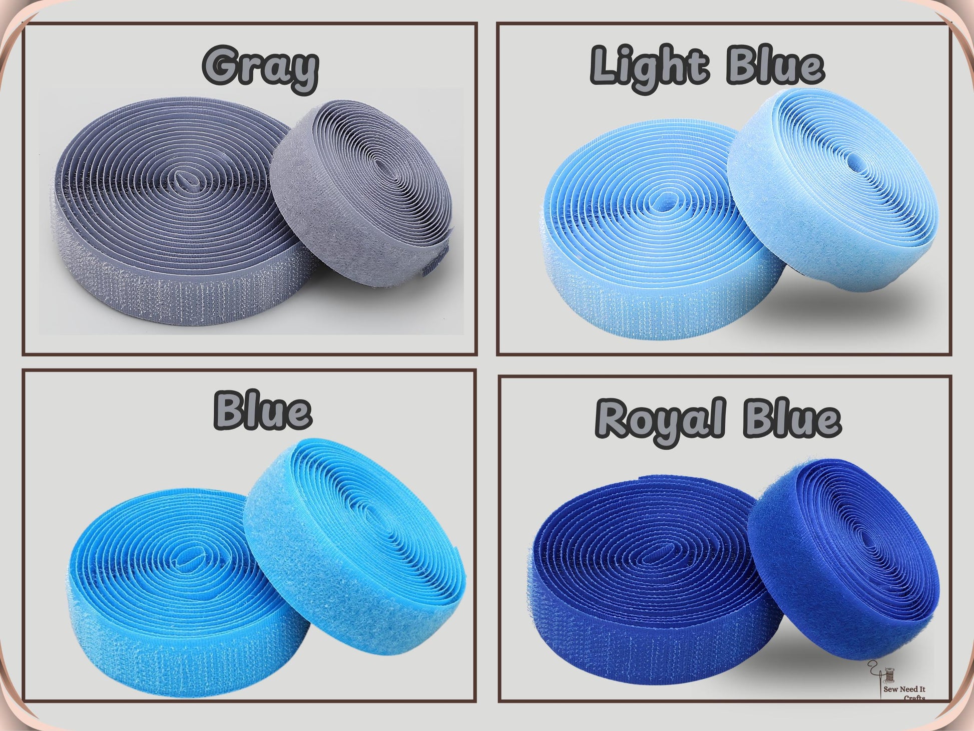 Sew-on hook and loop tape color options: Gray, Light Blue, Blue and Royal Blue
