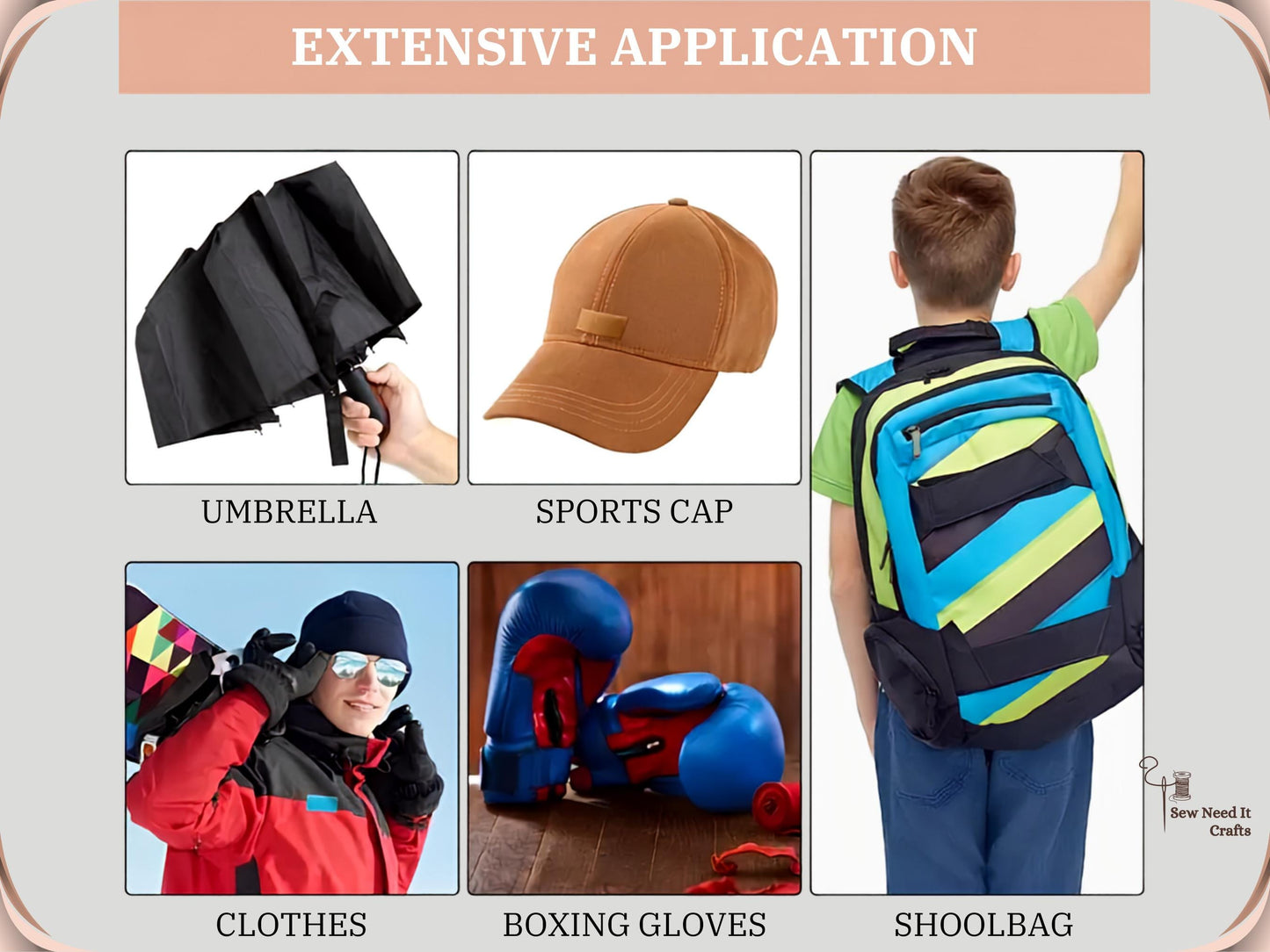 Hook and loop tape applications including an umbrella strap, a cap, a schoolbag, clothing and boxing gloves