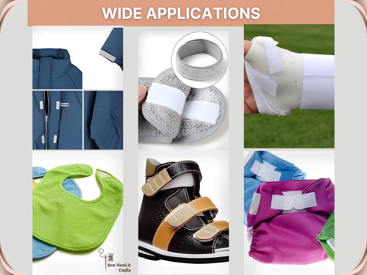 Sew-on hook and loop tape in use on a jacket placket, sandal straps, a support wrap, a baby bib, children's shoes and cloth nappies