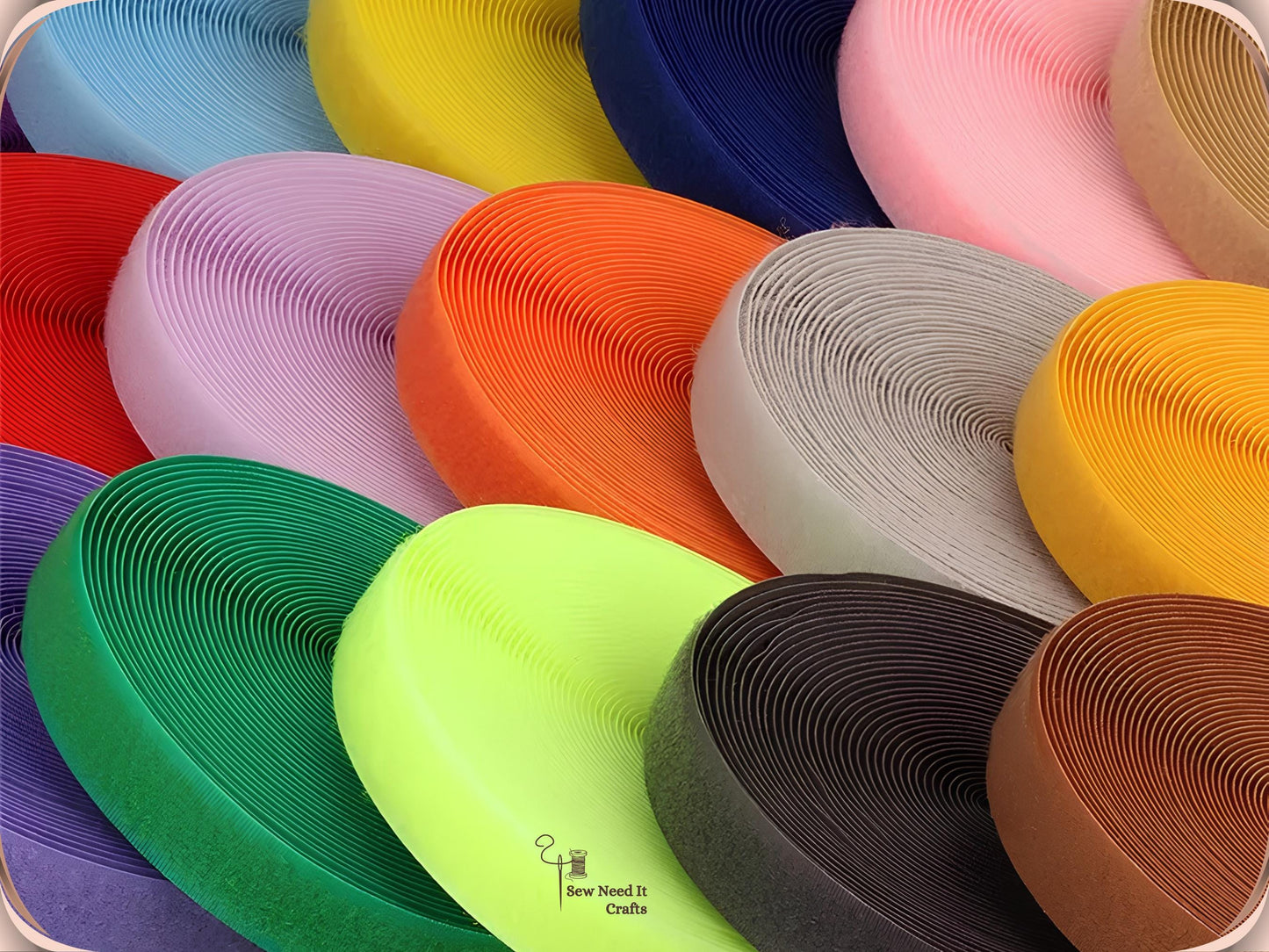 Close-up of coiled 20 mm sew-on hook and loop tape in many colors including red, orange, green, grey, pink and brown