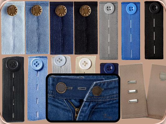 Adjustable No-Sew Waist Extender & Pants Button Extender Set — Fits Jeans, Trousers & Maternity Wear