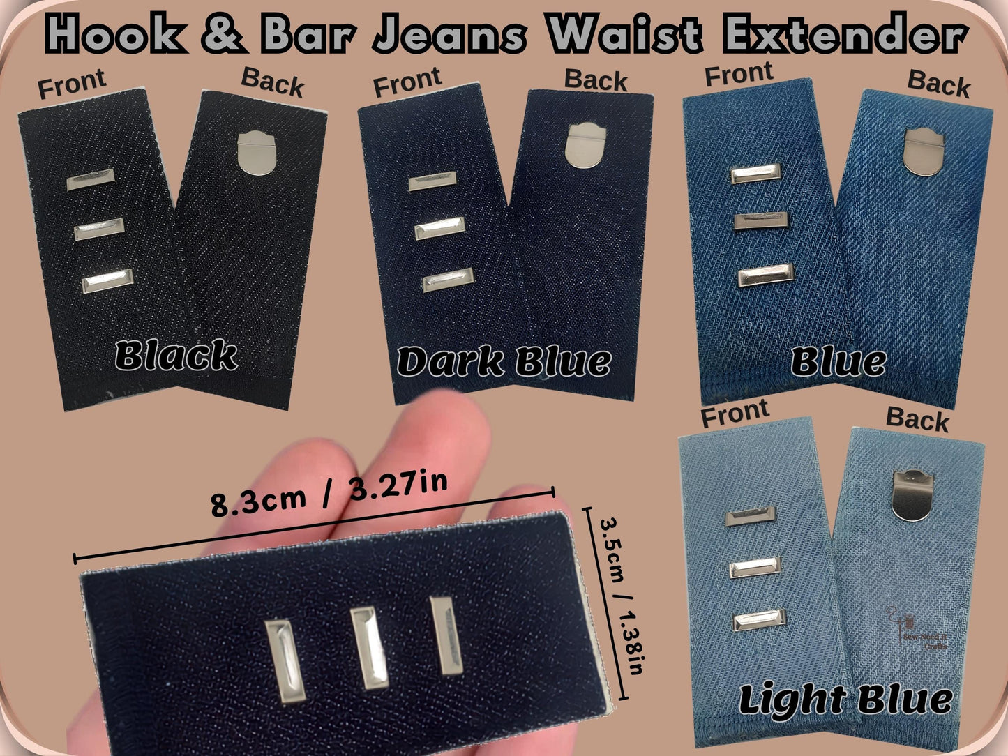 Hook and bar denim jeans waist extender colour chart set - black, dark blue, blue and light blue