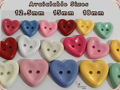 20 Pcs Macaron Heart Shaped Buttons for Sewing — Pastel Colors, 3 Sizes 12.5mm, 15mm, 18mm