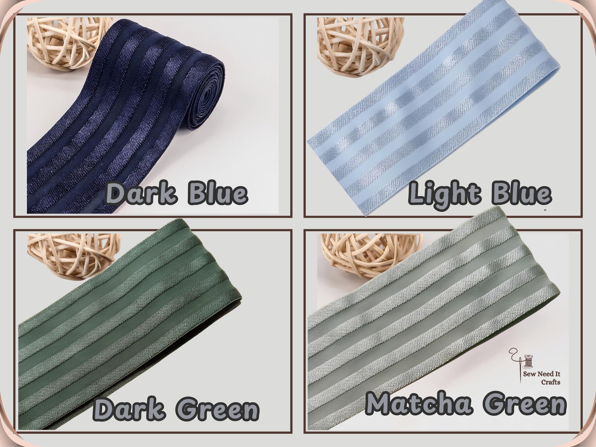 Color chart for 2 inch striped waistband elastic showing Navy, Light Blue, Dark Green and Matcha Green