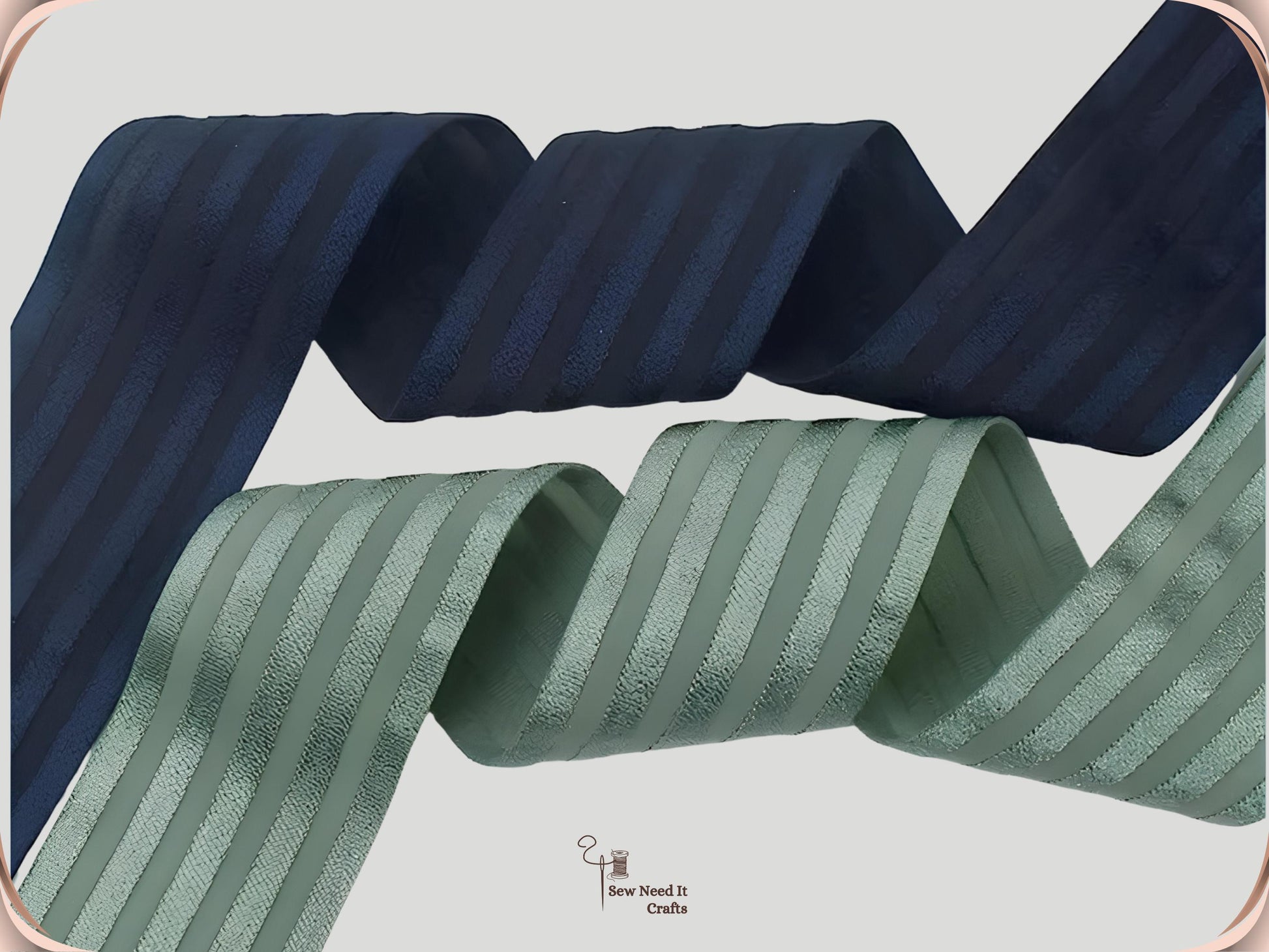 Navy and sage green 2 inch striped elastic bands twisting and folding to show the soft drape of the fabric