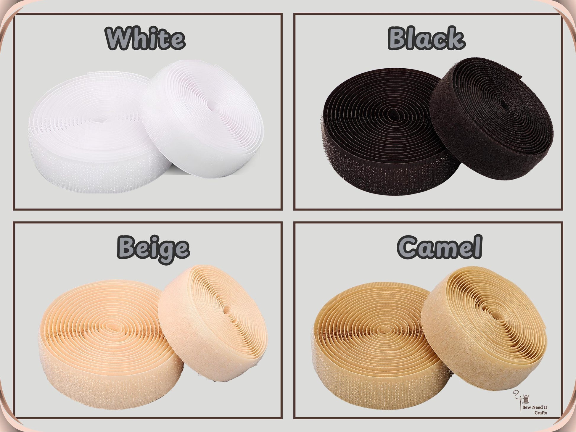 Sew-on hook and loop tape color options: White, Black, Beige and Camel