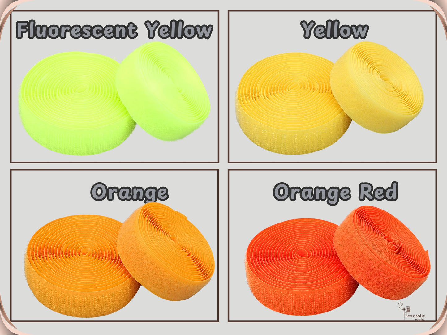 Sew-on hook and loop tape color options: Fluorescent Yellow, Yellow, Orange and Orange Red
