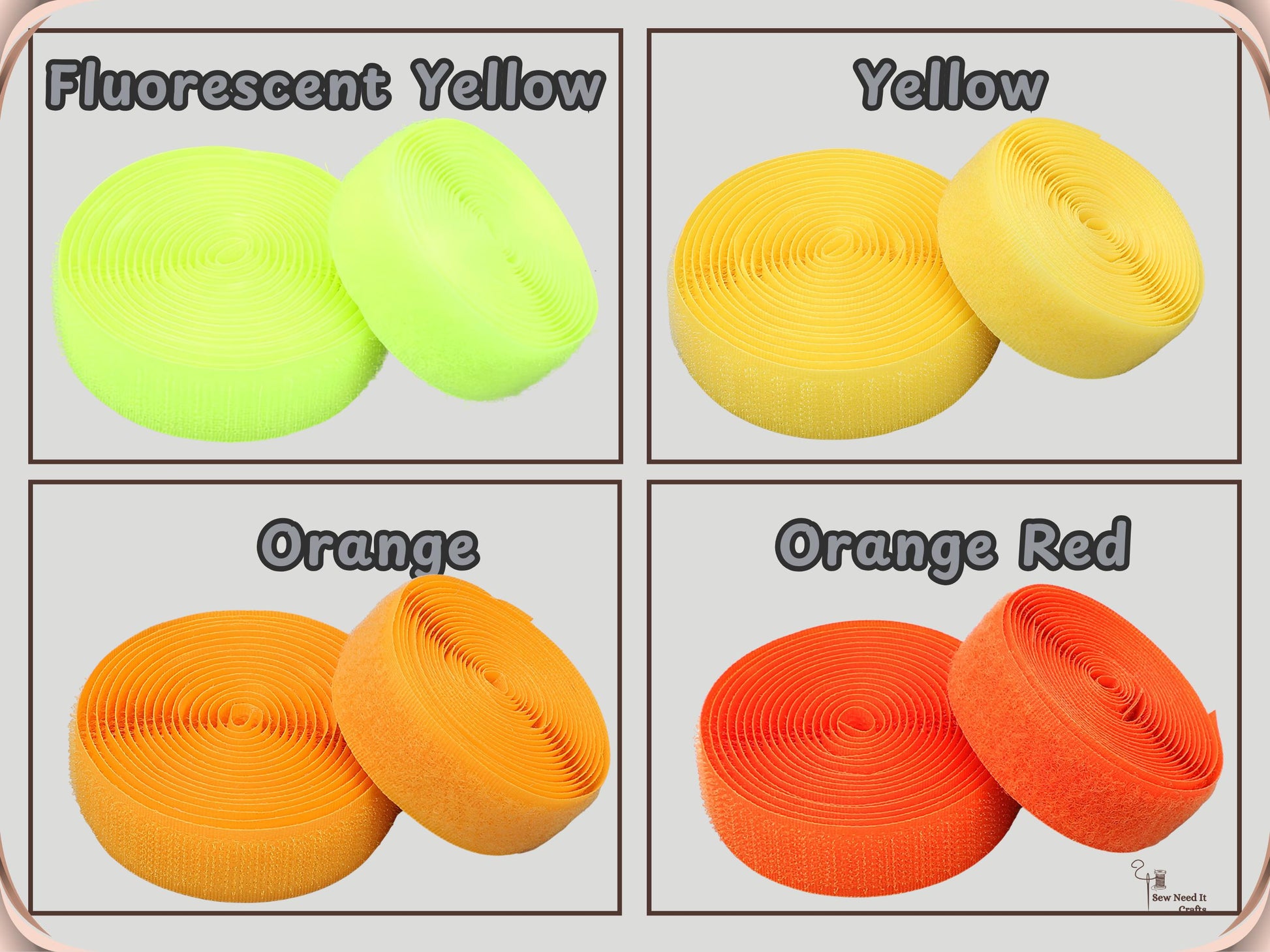 Sew-on hook and loop tape color options: Fluorescent Yellow, Yellow, Orange and Orange Red