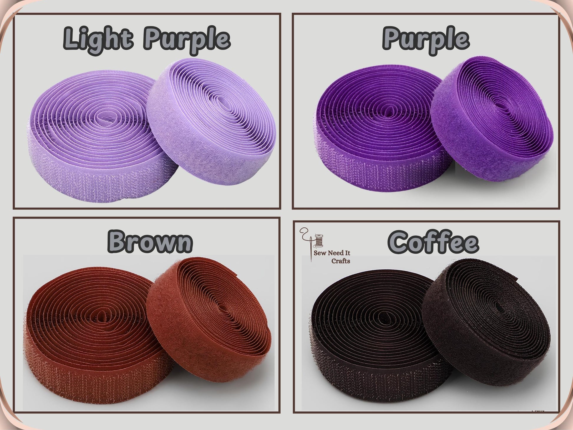 Sew-on hook and loop tape color options: Light Purple, Purple, Brown and Coffee
