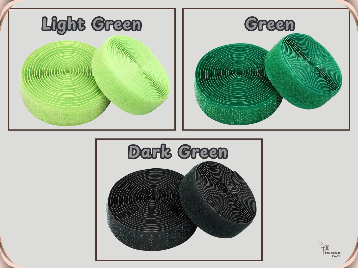 Sew-on hook and loop tape color options: Light Green, Green and Dark Green