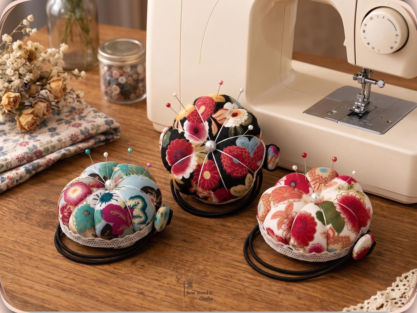 Floral Pin Cushion Wristband, Wrist Pin Cushion for Sewing, Floral Pincushion, Cute Pincushion, Beautiful Pincushions, Floral Pin Cushions