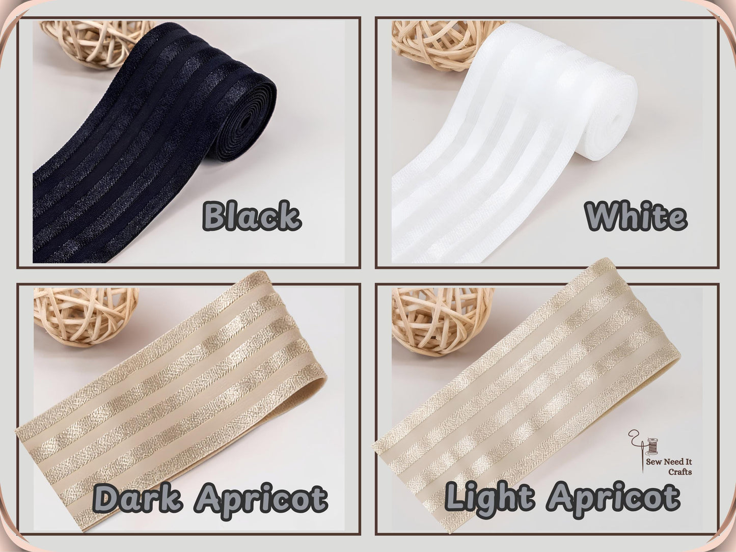 Color chart for 2 inch striped waistband elastic showing Black, White, Dark Apricot and Light Apricot