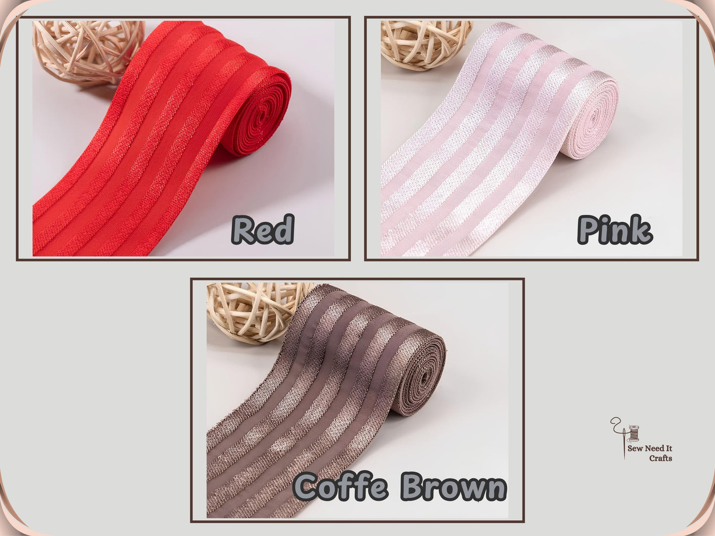 Color chart for 2 inch striped waistband elastic showing Red, Pink and Coffee Brown