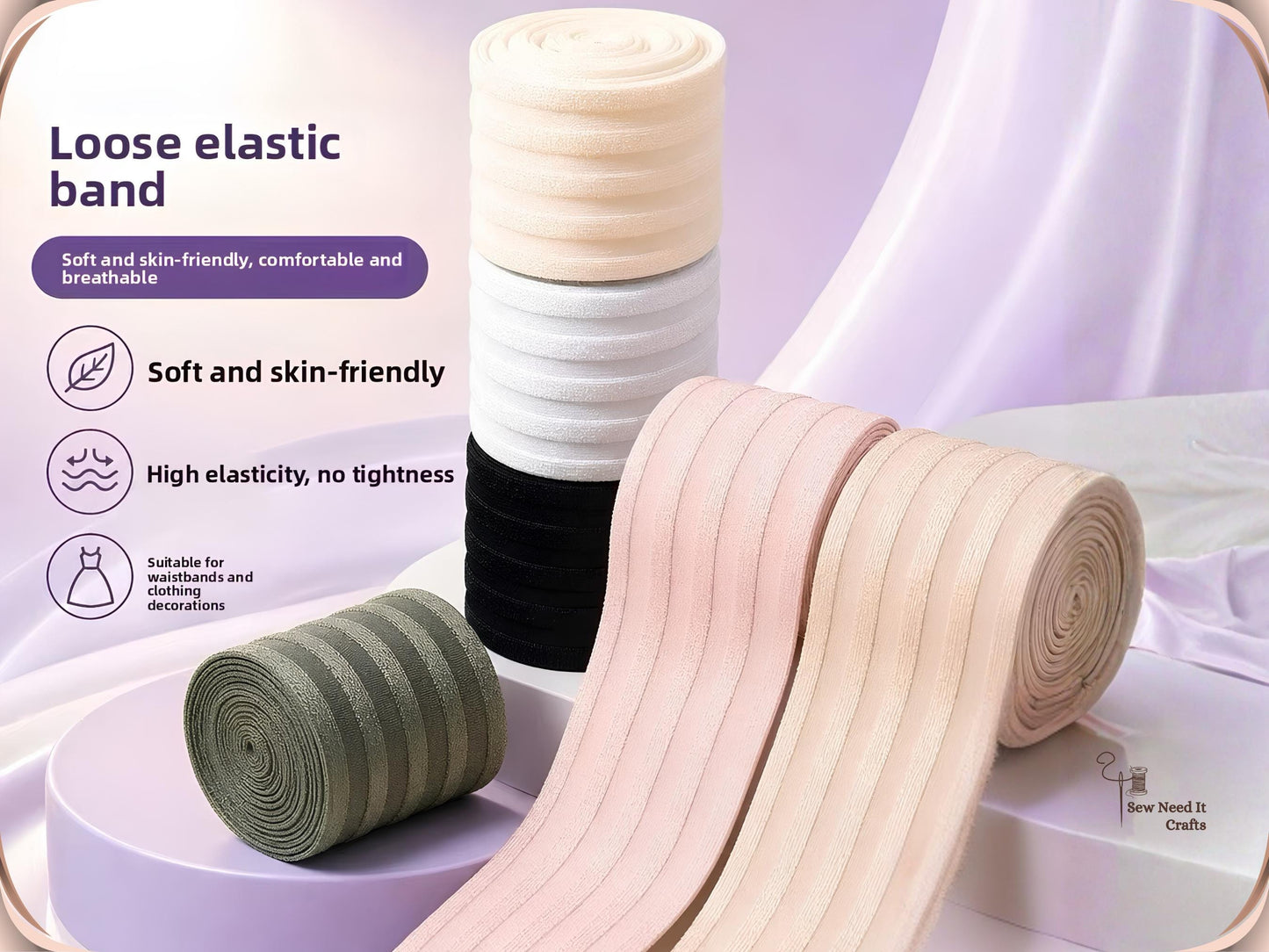 Feature graphic for soft 2 inch elastic band showing rolls in cream, white, black, olive and pink with soft skin-friendly and high elasticity callouts