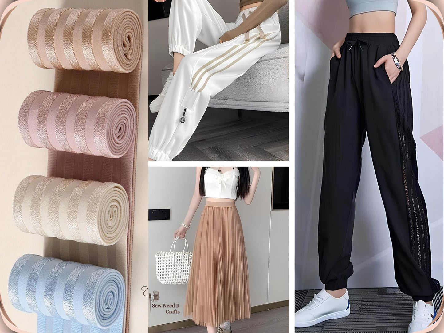 Striped elastic band used in finished garments including white joggers with a side stripe, a tan pleated skirt with an elastic waistband and black joggers with a decorative side panel