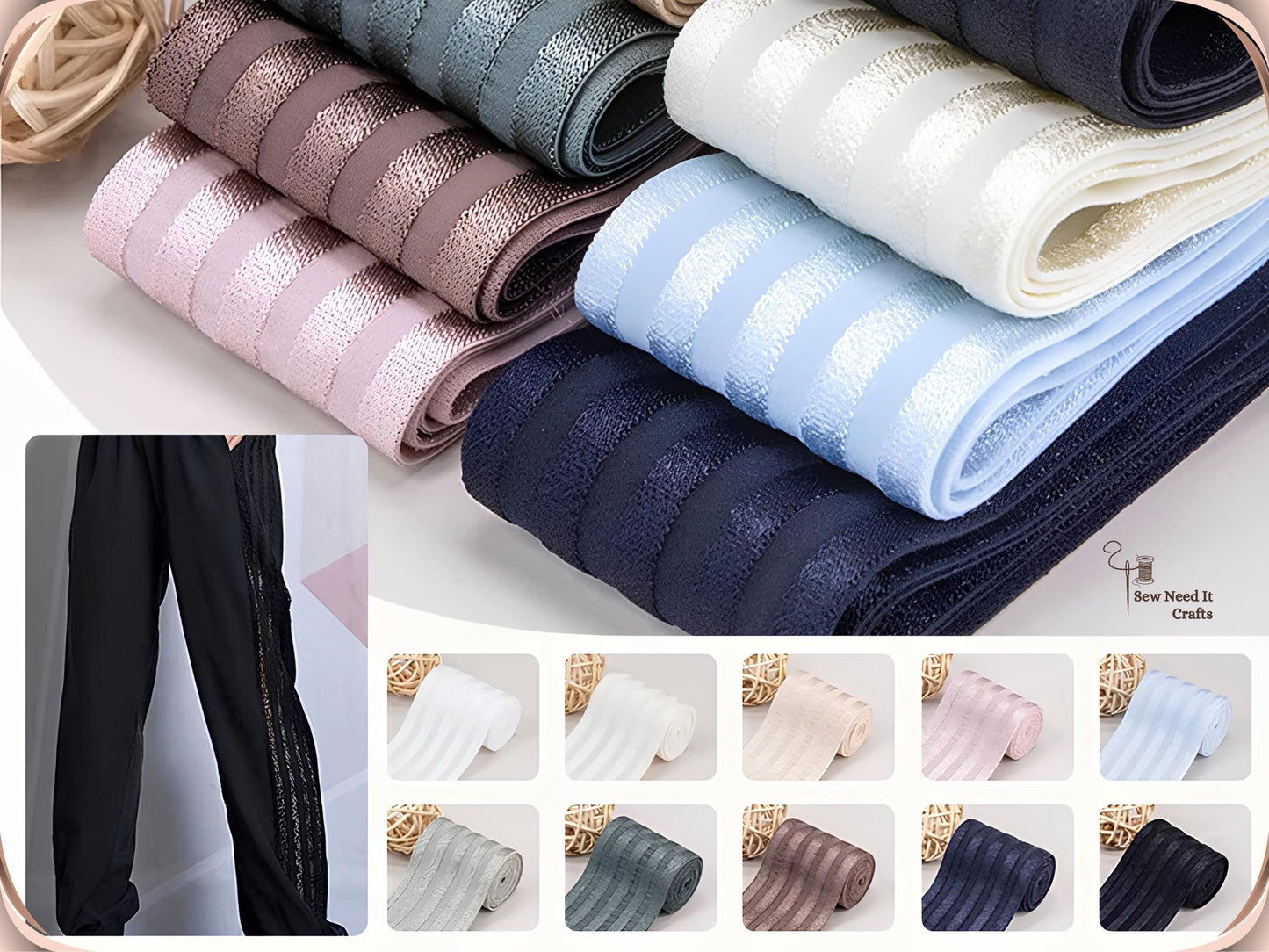 Folded stack of striped elastic bands with a color swatch chart and black trousers featuring a decorative elastic side panel