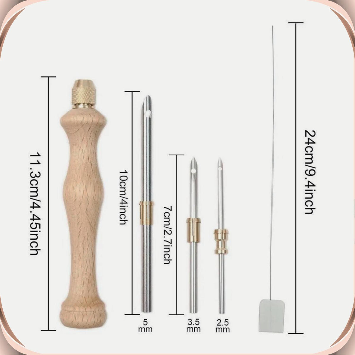 Wooden punch needle set with measurements: 11.3 cm beech handle, 5 mm, 3.5 mm and 2.5 mm tips, and a 24 cm threader