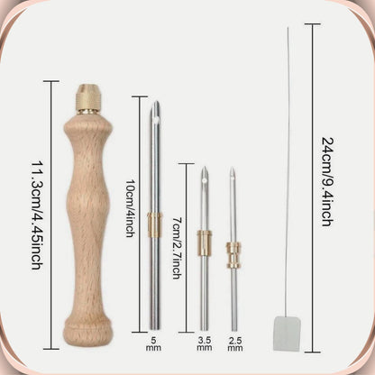 Wooden punch needle set with measurements: 11.3 cm beech handle, 5 mm, 3.5 mm and 2.5 mm tips, and a 24 cm threader