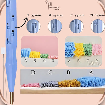 Blue adjustable punch needle showing its four loop height settings A 53 mm, B 43 mm, C 34 mm and D 24 mm with yarn samples