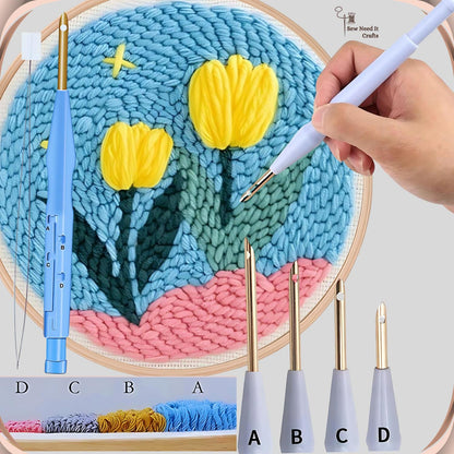 Blue adjustable punch needle working a yellow tulip design in yarn, with loop height samples labelled A to D