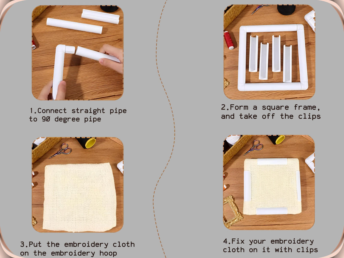Four-step guide to assembling the snap frame: join the rails to the corners, remove the clamps, lay the fabric on, then clamp each side