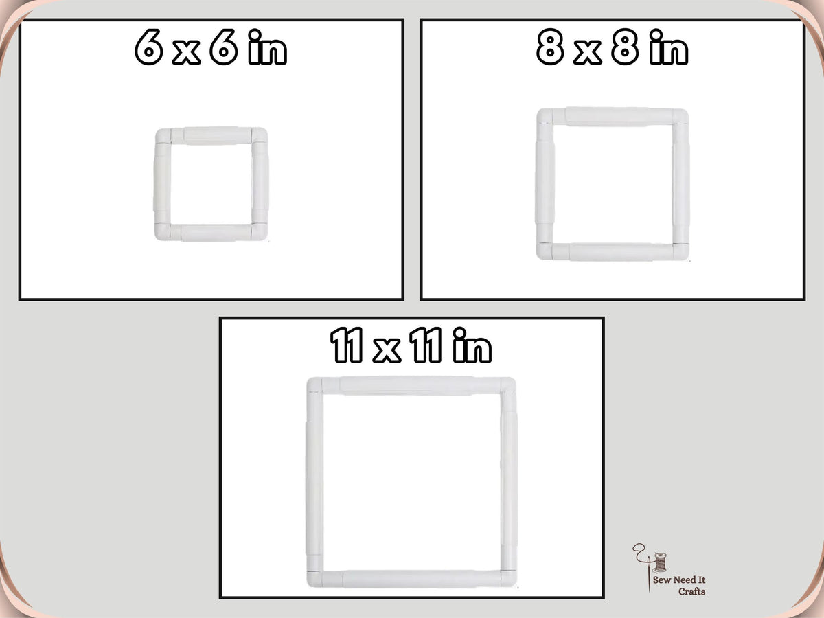 Size chart showing the 6 x 6, 8 x 8 and 11 x 11 inch square snap frames