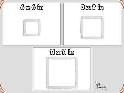 Size chart showing the 6 x 6, 8 x 8 and 11 x 11 inch square snap frames