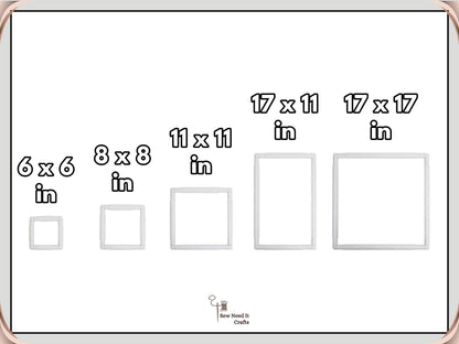All five square snap frame sizes side by side, 6 x 6, 8 x 8, 11 x 11, 17 x 11 and 17 x 17 inch