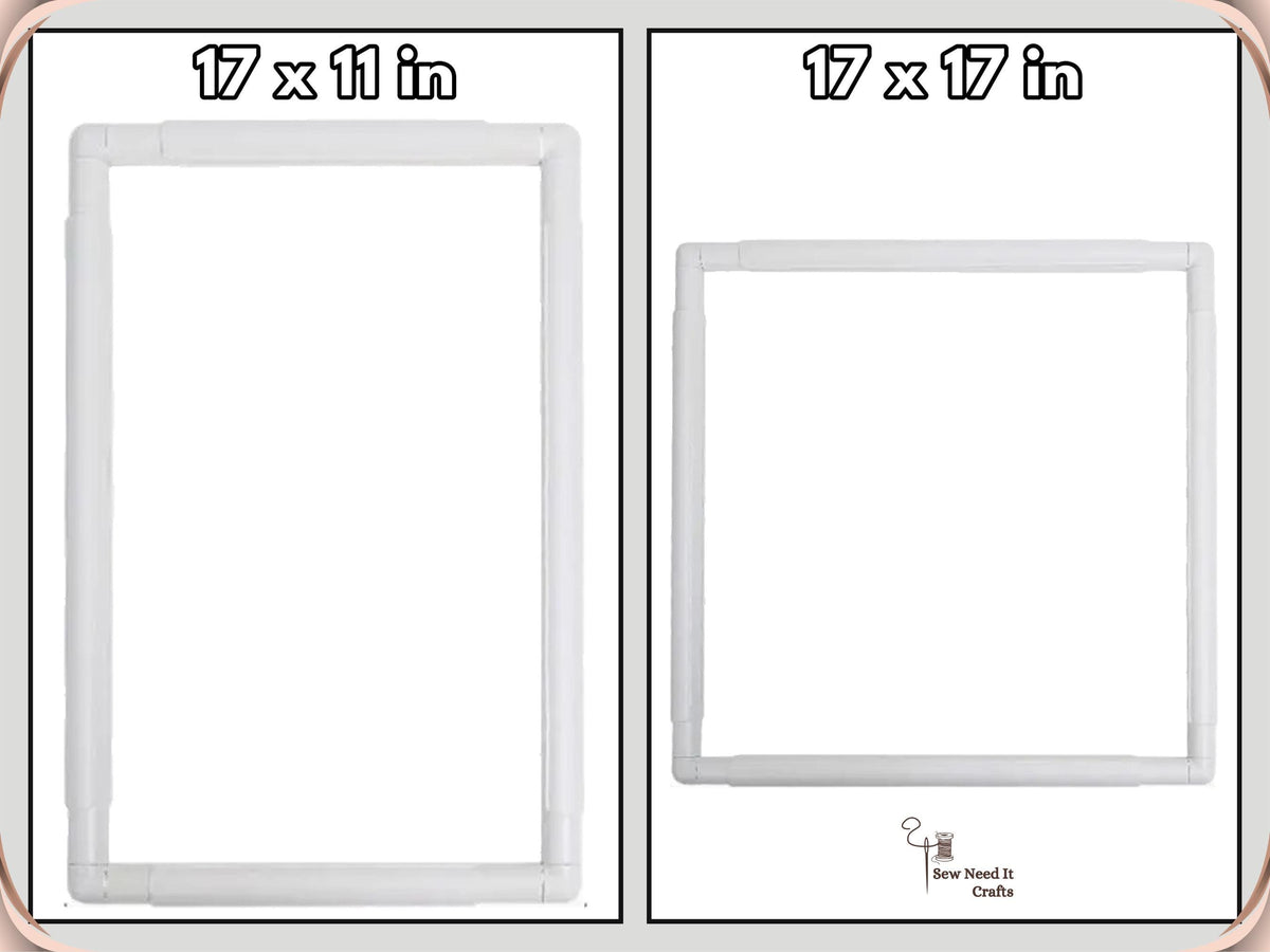 Size chart showing the 17 x 11 inch rectangular and 17 x 17 inch square snap frames
