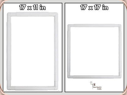 Size chart showing the 17 x 11 inch rectangular and 17 x 17 inch square snap frames