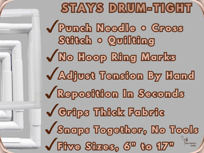Feature graphic: for punch needle, cross stitch and quilting, no hoop ring marks, tension adjusted by hand, snaps together without tools, five sizes from 6 to 17 inches