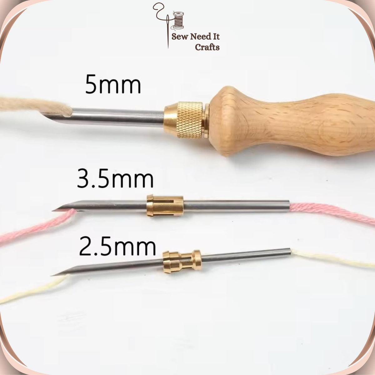 Wooden punch needle with interchangeable 5 mm, 3.5 mm and 2.5 mm tips threaded with yarn