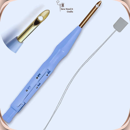 Blue adjustable punch needle with its gold-tone tip and wire threader
