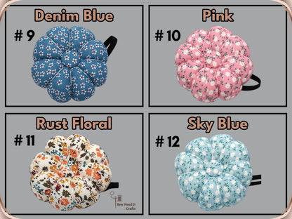 Print chart: #9 Denim Blue, #10 Pink, #11 Rust Floral, #12 Sky Blue wrist pin cushions