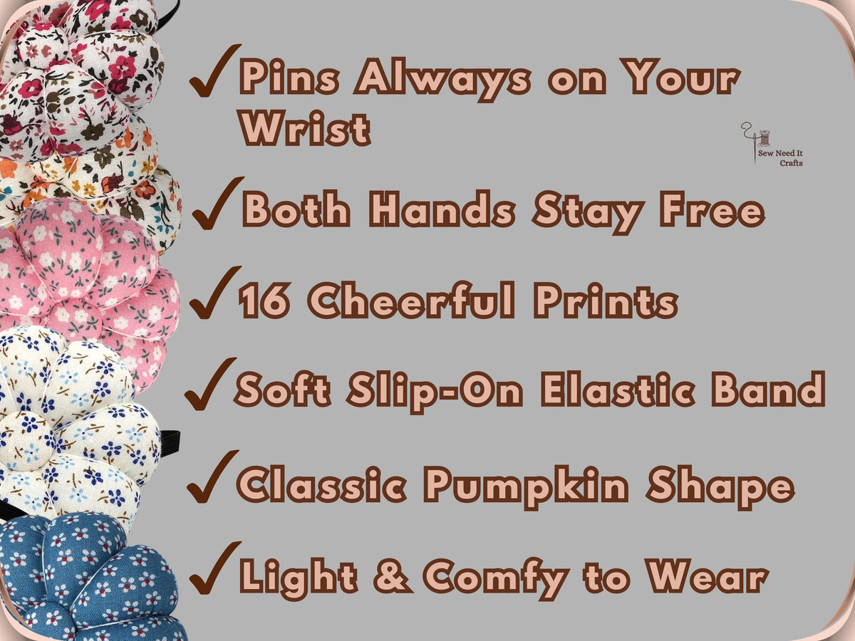 Feature list: pins always on your wrist, both hands stay free, 16 cheerful prints, soft slip-on elastic band, classic pumpkin shape, light and comfy to wear