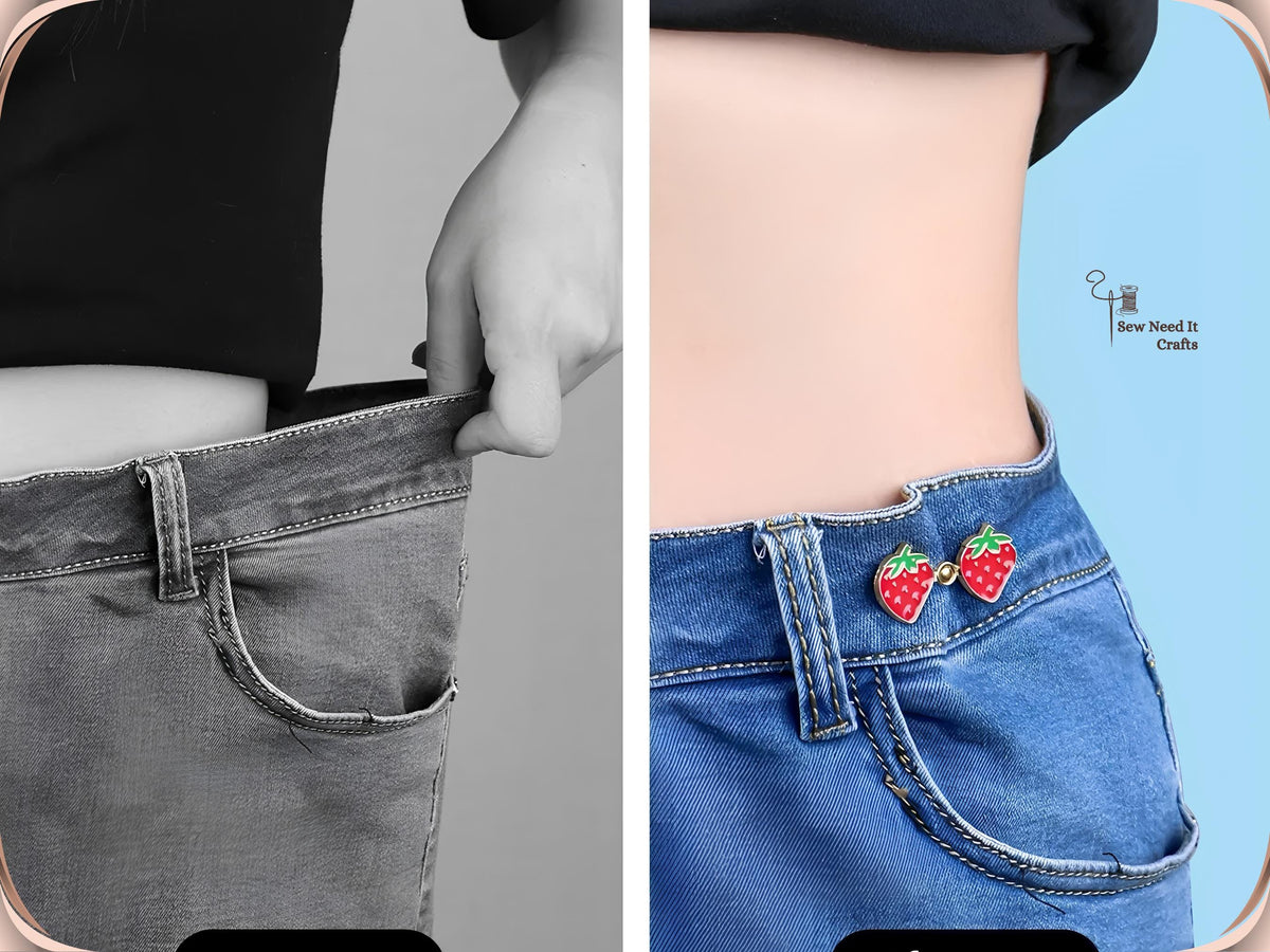 Before and after: loose jeans pulled away from the waist, then taken in with strawberry waist pins