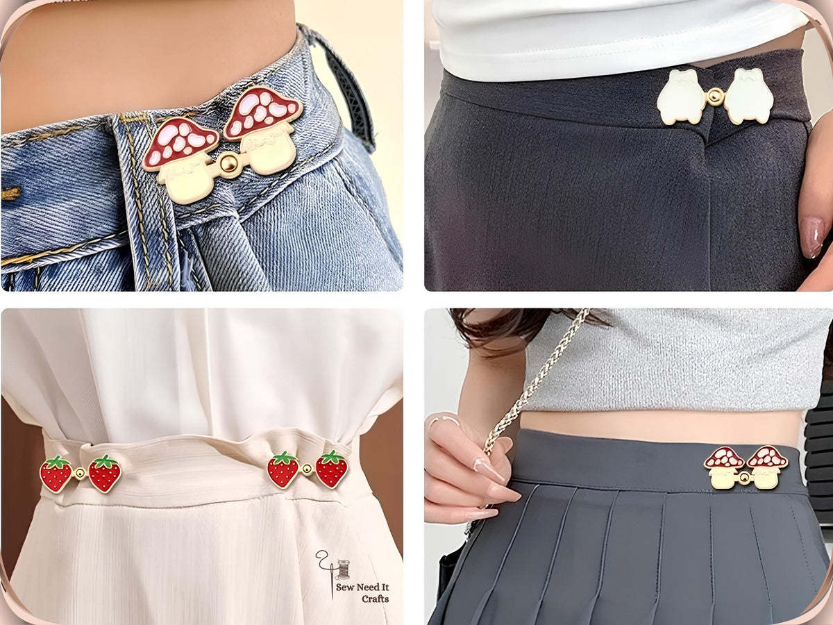 Waist tightener pins worn four ways: mushroom on jeans, frog on a black skirt, strawberries on a white dress and mushroom on a pleated skirt