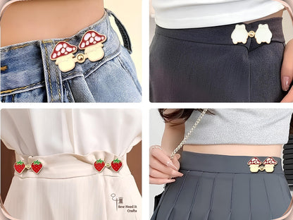 Waist tightener pins worn four ways: mushroom on jeans, frog on a black skirt, strawberries on a white dress and mushroom on a pleated skirt