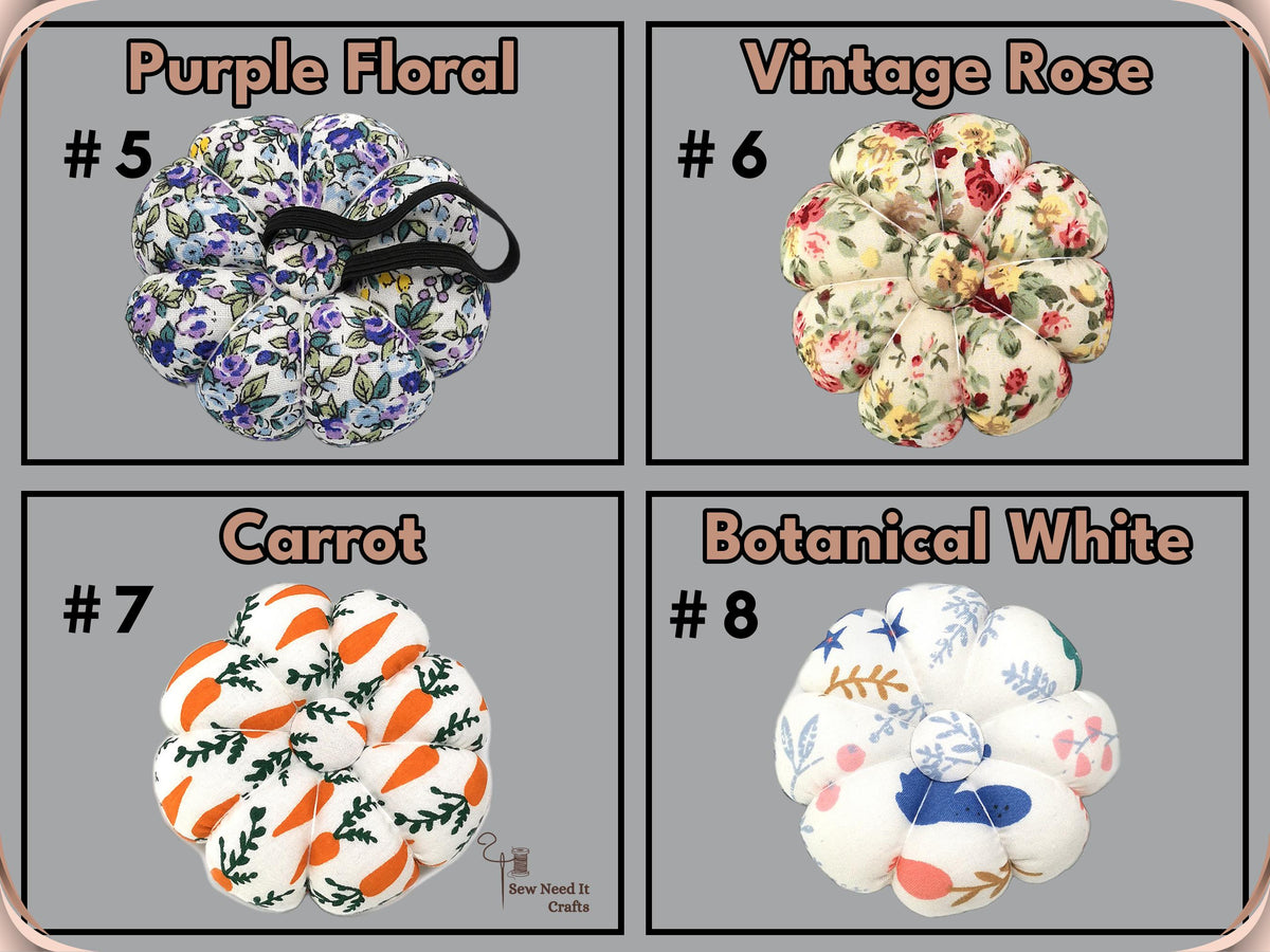 Print chart: #5 Purple Floral, #6 Vintage Rose, #7 Carrot, #8 Botanical White wrist pin cushions