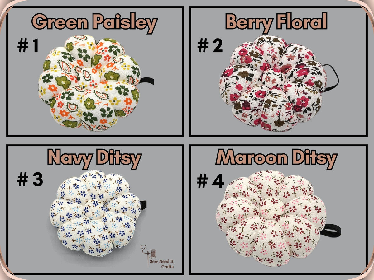 Print chart: #1 Green Paisley, #2 Berry Floral, #3 Navy Ditsy, #4 Maroon Ditsy wrist pin cushions
