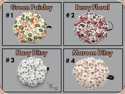 Print chart: #1 Green Paisley, #2 Berry Floral, #3 Navy Ditsy, #4 Maroon Ditsy wrist pin cushions