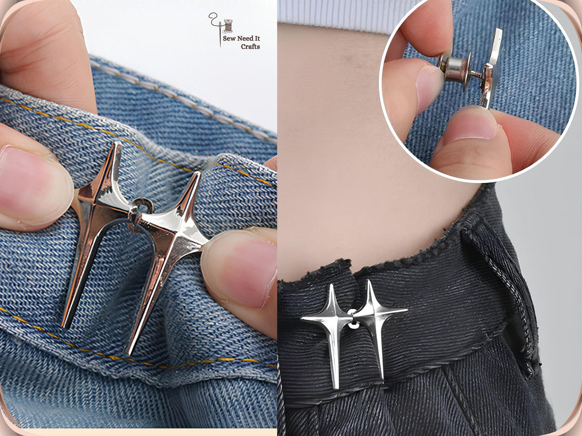Star jean pins hooked together on a light denim waistband and a silver pair on black jeans, with an inset of a cap being fitted