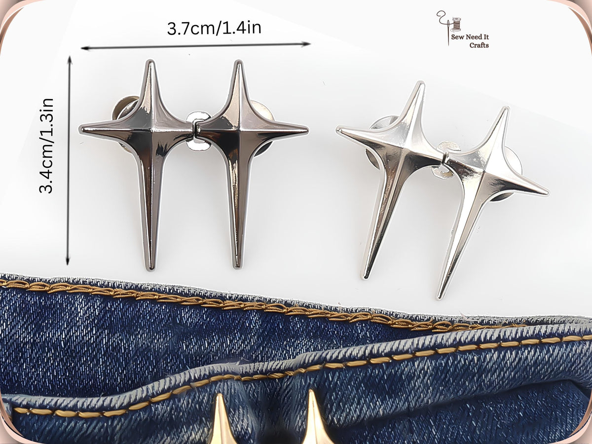 Size of the sparkle star jean pins: each star about 3.4 cm (1.3 in) tall, the hooked pair about 3.7 cm (1.4 in) wide