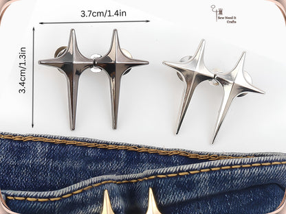Size of the sparkle star jean pins: each star about 3.4 cm (1.3 in) tall, the hooked pair about 3.7 cm (1.4 in) wide