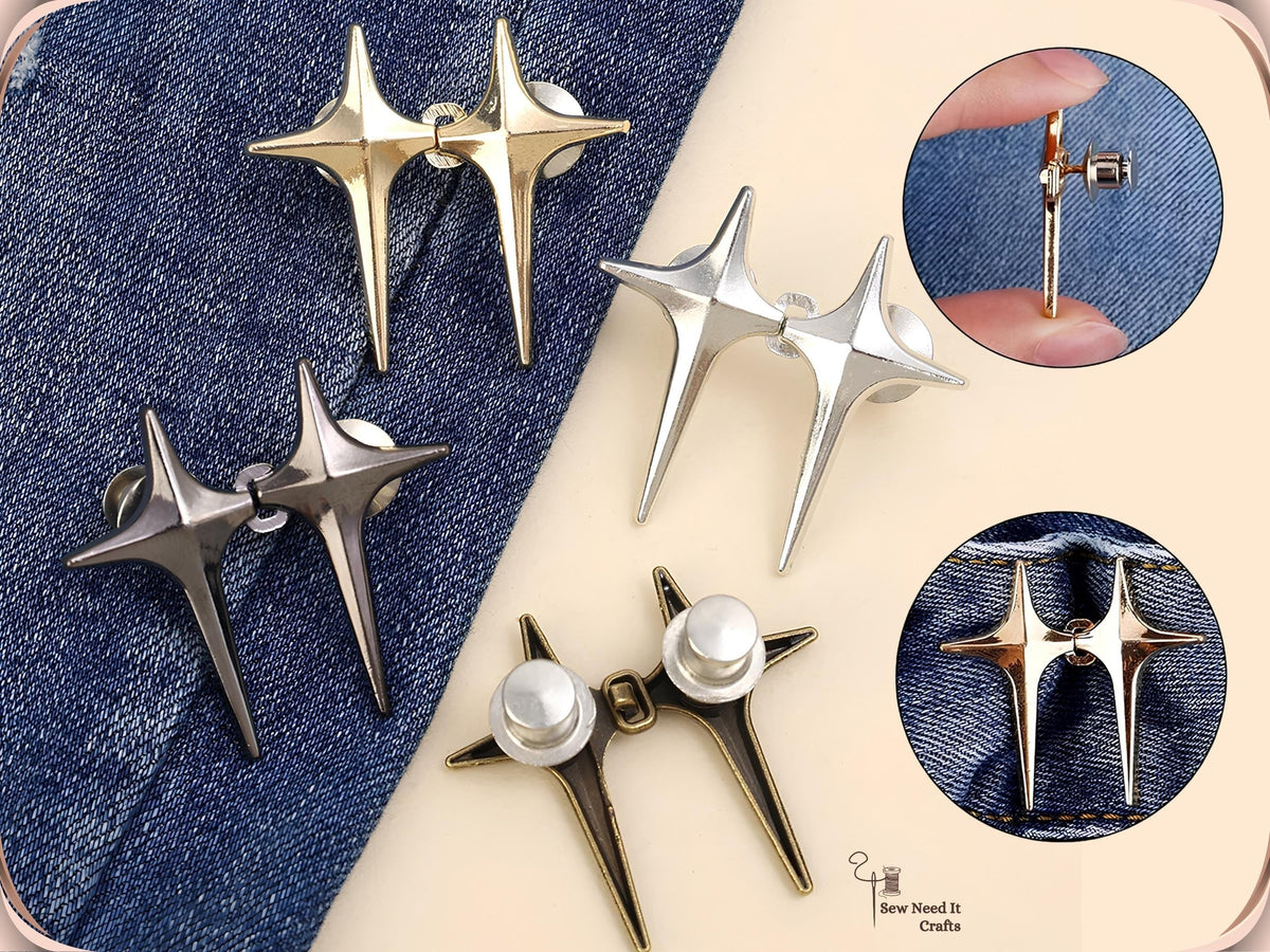 Golden, silver, gunmetal and bronze star jean pins with locking caps, with insets of a cap on the pin and a golden pair on jeans