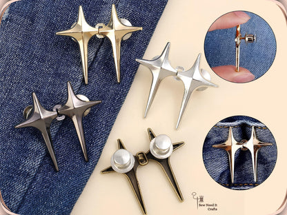Golden, silver, gunmetal and bronze star jean pins with locking caps, with insets of a cap on the pin and a golden pair on jeans